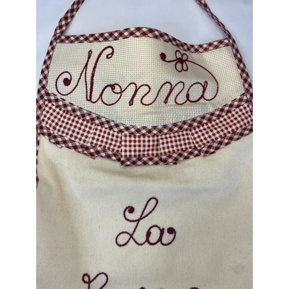 Nonna Embroidered Bib Apron Beige/Maroon Gingham Trim Pocket Cotton One Size